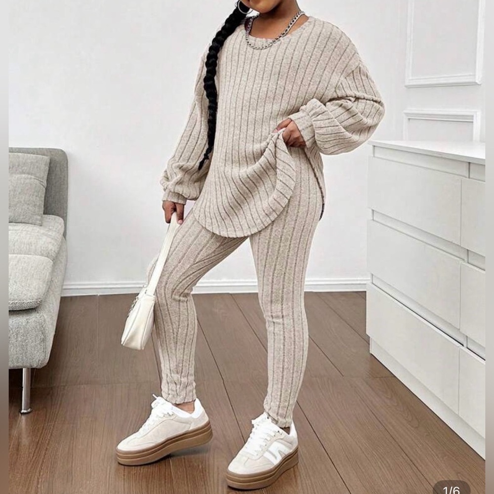 SHEIN Beige Ribbed Knit Leggings Set girls size 8